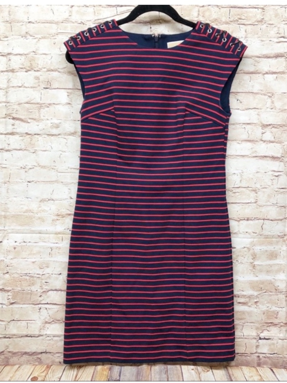 Michael Kors Womens Sheath Dress Size S Sleeveless Striped Leather Detail Navy